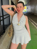Women's Temperament Simple Pile Tie Stripe Bump Color Hanging Neck Tie Dress
