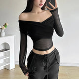 Zingj 2024 Summer New Women's Fashion Casual Style Open Shoulder Dress Cross Design Sense T-Shirt-Outfit