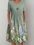 Floral Print Round Neck Pocket Mid-length