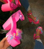 Hairy Word With High-Heeled Sandals Women's One-Character Thick Heel Waterproof Table Fashion