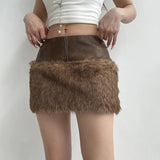 Brown Low-Waisted Umbilled Zip Hair Short Skirt Autumn And Winter New Babes Leather Splicing Bag Hip