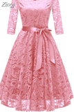2023 Autumn Lace Dresses Femme 3/4 Sleeve V-Neck Women Red Dress Hollow Out Female Robes Big Size 2XL Vestidos de
