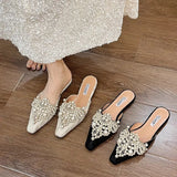 Wind Bag Head Lace Wedding Shoes Half Slippers Women 2025 Spring And Summer New Outside Wearing Pearl Water Drill Lazy Cold