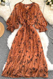 Red/Brown/White Printed Pleated Chiffon Dress Autumn Elegant V-Neck Flare Long Sleeve High Waist Draped Midi Vestido