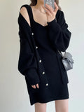 Zingj New Loose Solid Color Sweater Cardigan Package Buttock Vest Skirt Suit In The Long Sweater Two Sets Of Women-Outfit