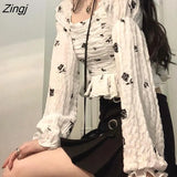 Women Long Sleeve Floral Ruffles Design Cool Harajuku Slim Cropped Sexy Chic Female Spring Streetwear Party Soft