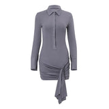 Zingj Autumn New Women's Fashion Polo Collar Breasted Slim Pure Color Long Sleeve Strap Wrapped Hip