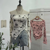 Pink Butterfly Hanging Neck To Make Old Hole Long-Sleeved T-Shirt Hottie Slanted Shoulder Slim Short Blouse