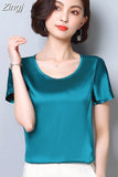 womens tops and blouses 2023 women shirts casual Silk O-neck sling top satin short sleeve stretch Solid blouse 2126