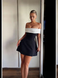 Spring And Summer Shoulder Black And White Bump Color Waist A Pendulum Design Bow Dress