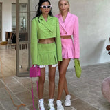 Cropped Blazer And Pleated Mini Skirt Set-Outfit