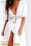 Women Beach Dress Summer Bikini Cover up Solid Lace Hollow Out Chiffon Swimwear Long Sleeve Bathing Suit Sexy Swimsuit