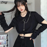 T-shirts Women Removable Sleeve Sequined Chain Japanese Style Harajuku Trendy Goth Y2k Female Crop Top Hot Sale