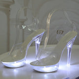 Zingj 34-43 Sexy Super High Heels Luminous Thin Heel Waterproof Platform Sandal Transparent Model Crystal Shoes Wedding