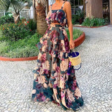 Women's New Fashion Floral Blouse Sling Lotus Leaf-Side Cake Dress Suit For