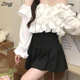 Women Slim Cropped Pure Simple Ruffles Aesthetic Sexy Tops Feminino Autumn Korean Style Casual Slash Neck Cozy