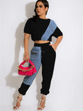 Workout Jean Patchwork Women Two 2 Piece Set Outfits Sweatsuit 2023 Summer Tee and Jogger Pants Matching Set