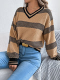 Shooting 2025 Autumn And Winter V-Necked Striped Striped Lantern Long-Sleeved Jacket Sweater Women's