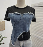 Shooting Denim Splicing Mesh Yarn Short-Sleeved T-Shirt Summer Dress Irregularly Short High-Waist Repair Body Coat