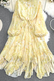 Autumn Women Floral Irregular Ruffle Long Dress Bohemian Pink/Blue/Purple Stand Collar Puff Sleeve High Waist