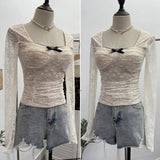 Pat With Chest Cushion Square Collar Bow Lace Long Sleeve Bottom Top Dress Slim Slim Short Shirt
