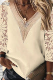 V-neck Stitching Hollow Lace Shirt Women Long Sleeve Chiffon Pullover Blouse Women Casual Lady Slim Tops Elegant