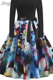 Note Print Elegant Party Dress Women 50s 60s Retro Vintage Robe Rockabilly Casual Winter