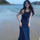 Dress Women Pure Color Fashion Vacation French Style Beach Loose Simple Spaghetti Comfortable Strap High Waist