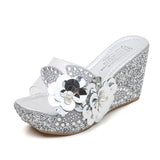Women's Korean Version Of Fashion Casual High-Heeled Shoes With Transparent Flowers Water Drilled Outside Wearing A Word