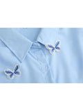 Women's Blouse Fashion Lapel Collar Blue Butterfly Shirts Long Sleeve Single Breasted Streetwear Casual Loose Female Blouses
