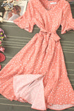 Women Blue/Green/Pink Polka Dot Dress 2023 Vintage High Waist A-line Ladies Vestidos Verano Casual V-neck Dresses