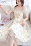 Elegant Floral Chiffon Party Dress Women Fashion Puff Sleeve A Line Midi Dress Sweet Square Collar Korean Female