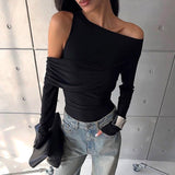 Women's Autumn New Fashion Sexy Solid Long-Sleeved Shoulder Double-Breasted T-Shirt