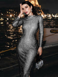 Sexy See Through Sheer Mesh Dress Elegant Solid Color Diamonds Slit Long Sleeves Dresses Party Club Lady Long