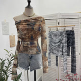 Vintage Tie-Dye-Print Mesh Folded Long-Sleeved T-Shirt With A Word-Collar Slanted Shoulder-To-Back Short Top