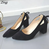 Quality Women Pumps Pure Color Square High Heels 6CM Fashion Black Leather Shallow Wedding Shoes Woman Large Size