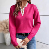 2025 New Fashion Lace V-Neck Sweater Solid Color Loose Long-Sleeved Knitwear