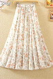 floral print chiffon skirts women Sprint Summer korean A line Pink streetwear high waist ladies midi