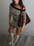Temperament Short Dress 2025 Autumn And Winter New Striped Shoulder Repair Slim Sexy Short Dress