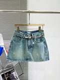 Denim Bow Polka Dot Printed Butterfly Chain Mini Skirt- Outfit