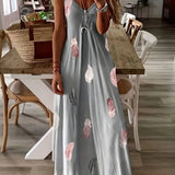 Zingj And Summer New Sleeveless Slim Feather Print Low Breast V Collar Sling Large Hem Skirt Women's Dress-Outfit
