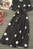 Polka Dot Midi Dress Summer 2023 Sexy V-neck Flare Sleeve Casual Vestidos Verano Elegant Blue/White Sashes Dresses
