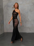 Women's Sexy Yarn Dress Banquet Temperament Evening Dress Repair Slant Shoulder Folds