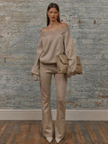 Temperament Famous Woman's Shoulder Solid Color Loose Long-Sleeved Sweater Trousers Set Two Sets Of