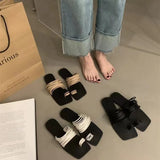 Zingj Version Of Fine Belt Combination One Word Soft Leather Square Head Slippers Female Open Toe Flat Bottom Beach