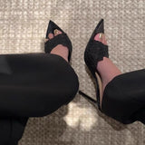 New Toe Tip-And-Out Mesh Yarn Lace Patent Leather One-字 Drag Female Feeling Wearing Small Mother-Sense Fine Heel High