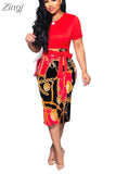 Women Elegant Office Midi Dresses Ladies Bodycon Print Short Sleeve Belt O-Neck Female Fashion Sexy Work Summer Pencil