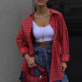 Zingj 2023 New Women's Red Plaid Shirt With Women's Casual Design Sense Loose Long-Sleeved Shirt-Outfit