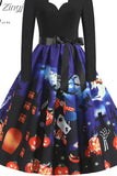 Women Halloween Christmas Party Dress Long Sleeve V Neck Pumpkin Print Vintage Casual A-line Dresses Vestidos