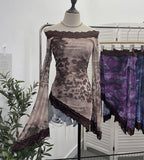 Leopard Print Lace Spliced Double-Layer Mesh Shoulder Irregular Loudspeaker Top